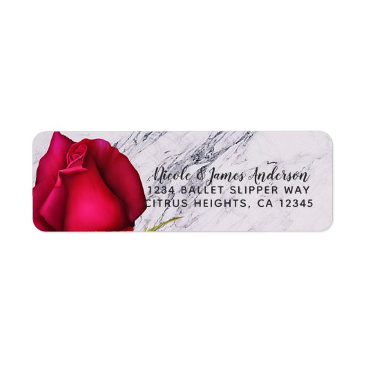 Rode Roos Marmer Moderne Glam Bruiloft Feest Etiket (Voorkant)