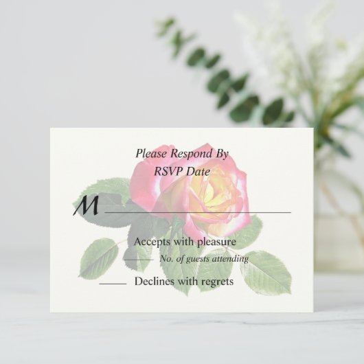 Rode roos met goudgeel centrum RSVP kaartje (Staand voorkant)