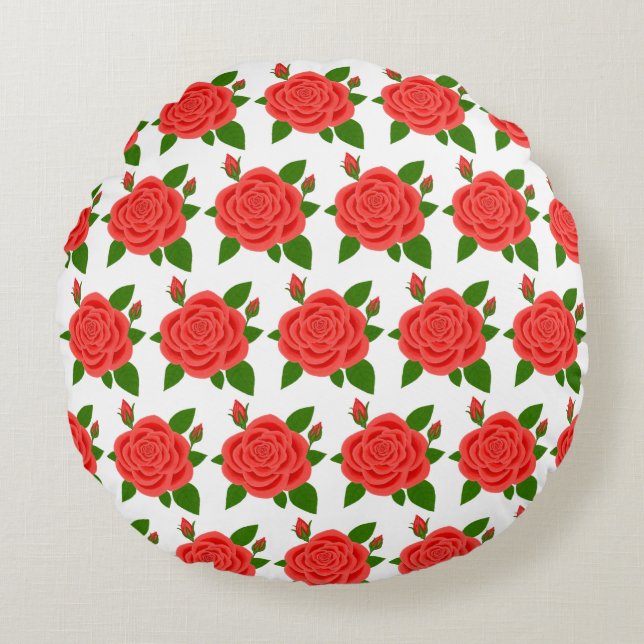 Rode roos met knoppen Witte ronde kussen (Voorkant)