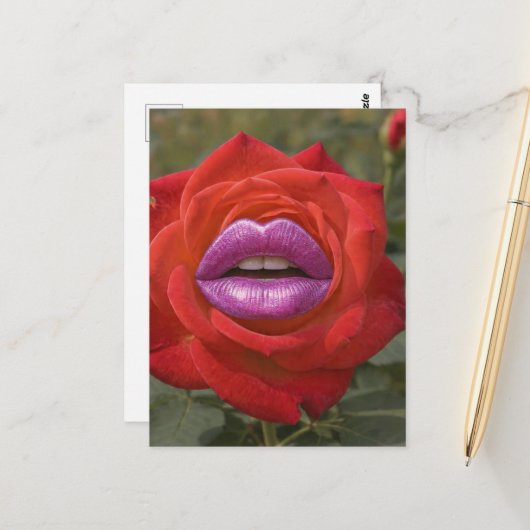 Rode Roos met Roze Lippen Collage Briefkaart (Voorkant / Achterkant in situ)
