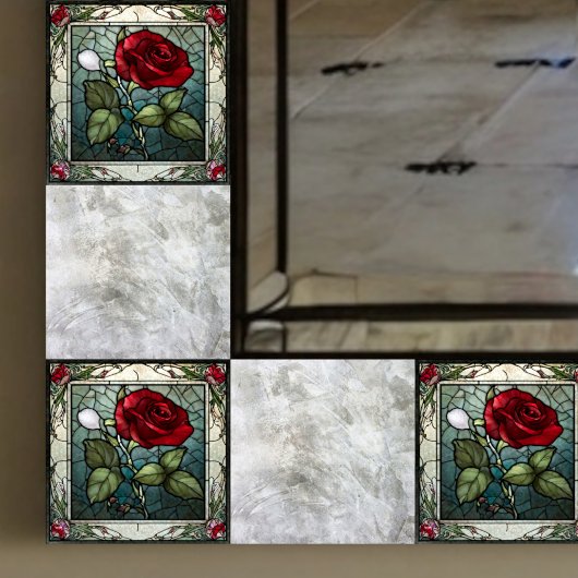 Rode Roos Met Vine Border 2 Glas-in-lood Look Tegeltje