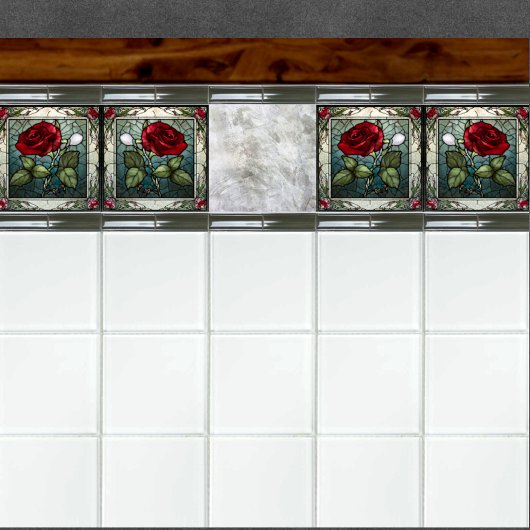 Rode Roos Met Vine Border 2 Glas-in-lood Look Tegeltje