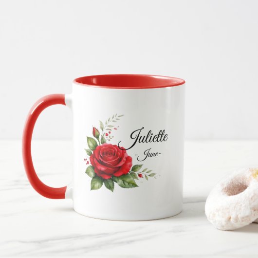 Rode Roos Monogram Mok – Geboortebloem Juni (Met donut)