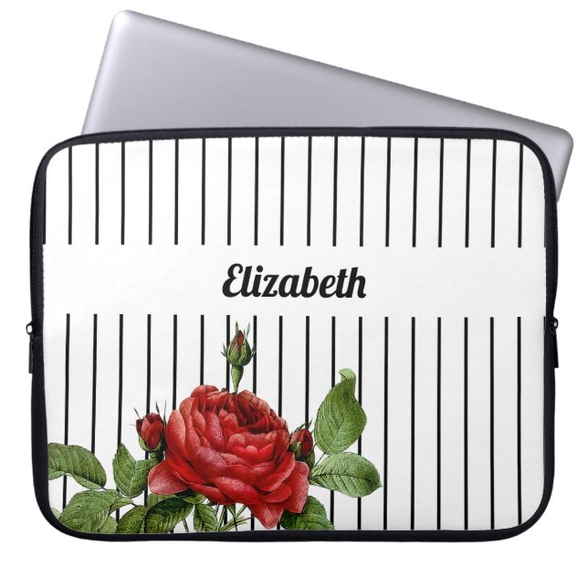 Rode Roos Naam met Pinstripe Laptop Sleeve (Voorkant)