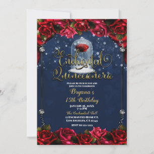 Rode Roos Navy Blauw Goud Betoverde Quinceañera 15 Kaart