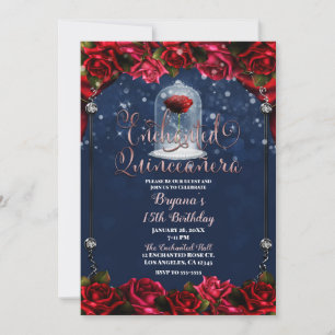 Rode Roos Navy Blauw Goud Quinceañera 15 15de Fees Kaart