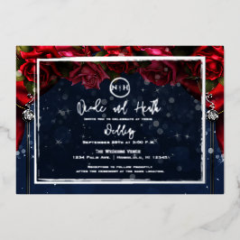 Rode Roos Navy Blauwe Glitters Glamour Trouw Zilve Folie Uitnodiging