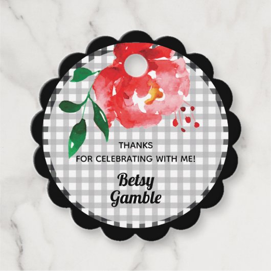 Rode Roos op Gingham Bruidsuitnodiging Bedankjes Labels (Voorkant)