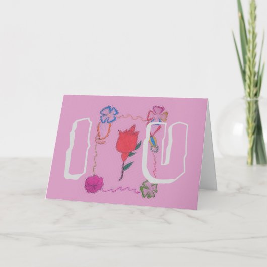 Rode roos op roze: Bloemen Border Art Print / Grap Bedankkaart (Voorkant)