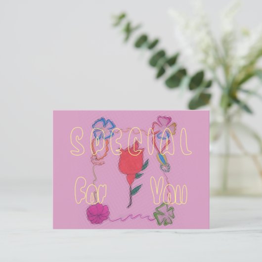 Rode roos op roze: Bloemen Border Art Print / Grap Briefkaart (Staand voorkant)