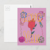 Rode roos op roze: Bloemen Border Art Print / Grap Briefkaart (Voorkant / Achterkant)