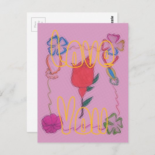Rode roos op roze: Bloemen Border Art Print / Grap Briefkaart (Voorkant / Achterkant)