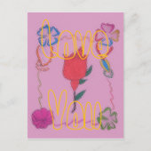 Rode roos op roze: Bloemen Border Art Print / Grap Briefkaart (Voorkant)