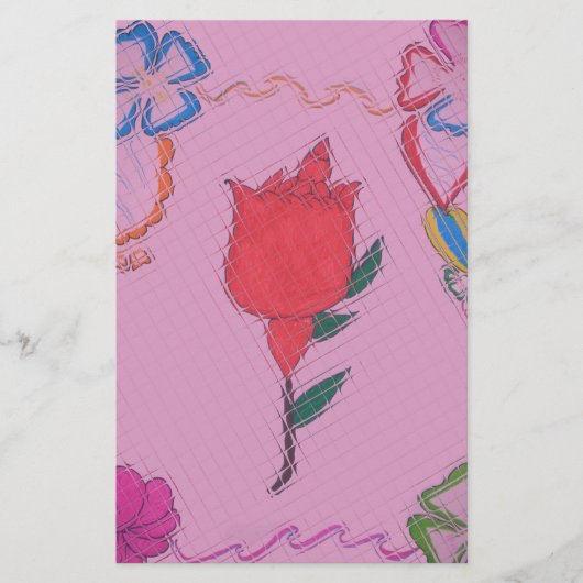 Rode roos op roze: Bloemen Border Art Print / Grap Briefpapier (Voorkant)