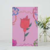 Rode roos op roze: Bloemen Border Art Print / Grap Briefpapier (Staand voorkant)