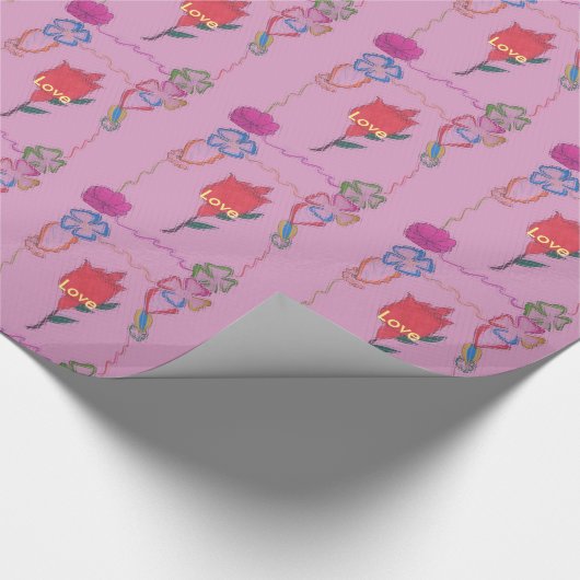 Rode roos op roze: Bloemen Border Art Print / Grap Cadeaupapier (Hoek)