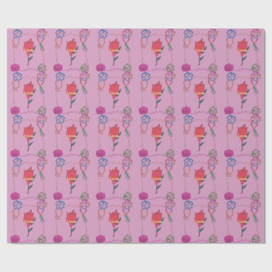 Rode roos op roze: Bloemen Border Art Print / Grap Cadeaupapier (Vlak)