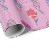 Rode roos op roze: Bloemen Border Art Print / Grap Cadeaupapier (Rol Hoek)