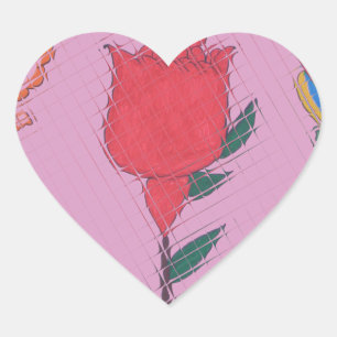 Rode roos op roze: Bloemen Border Art Print / Grap Hart Sticker