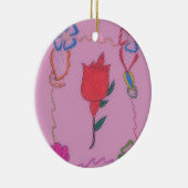 Rode roos op roze: Bloemen Border Art Print / Grap Keramisch Ornament (Rechts)