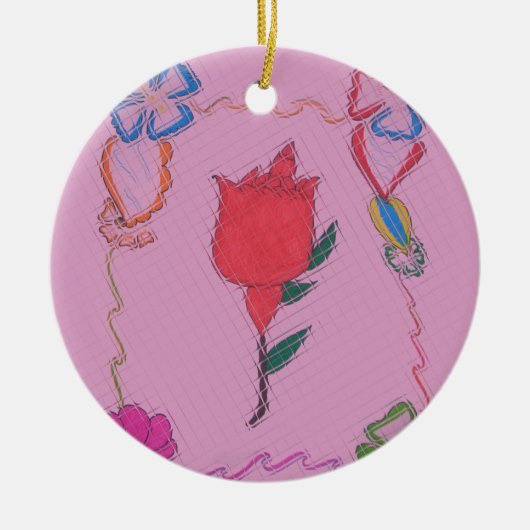 Rode roos op roze: Bloemen Border Art Print / Grap Keramisch Ornament (Voorkant)