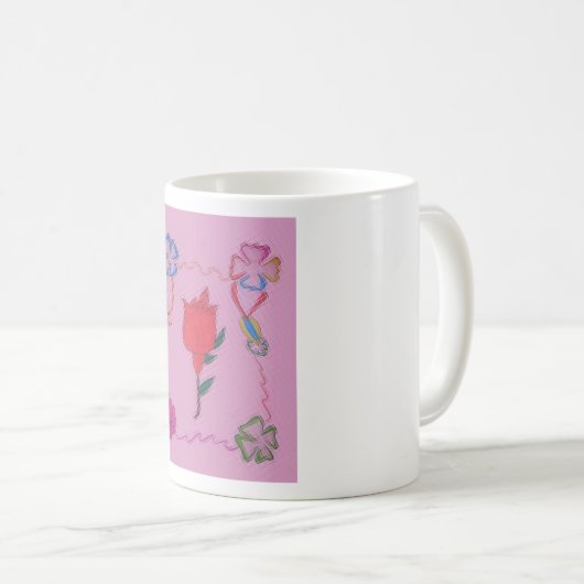 Rode roos op roze: Bloemen Border Art Print / Grap Koffiemok (Voorkant rechts)