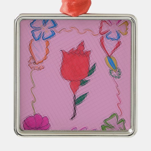 Rode roos op roze: Bloemen Border Art Print / Grap Metalen Ornament (Voorkant)