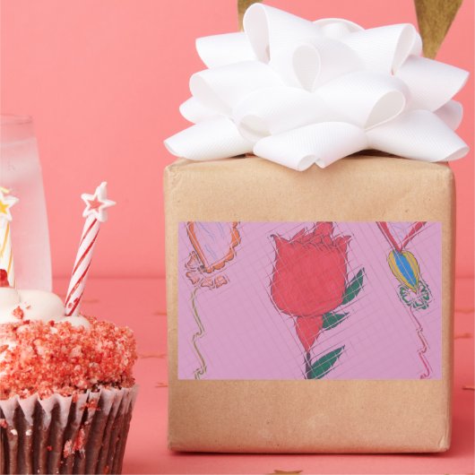 Rode roos op roze: Bloemen Border Art Print / Grap Rechthoekige Sticker (Feest)