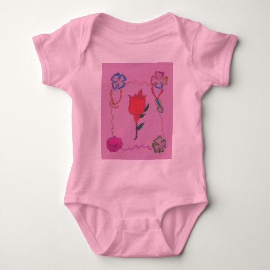 Rode roos op roze: Bloemen Border Art Print / Grap Romper (Voorkant)