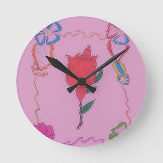 Rode roos op roze: Bloemen Border Art Print / Grap Ronde Klok (Voorkant)