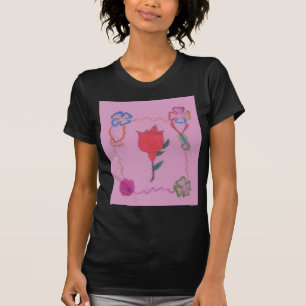 Rode roos op roze: Bloemen Border Art Print / Grap T-shirt