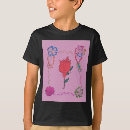 Rode roos op roze: Bloemen Border Art Print / Grap T-shirt (Voorkant)
