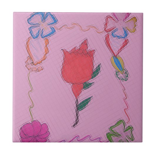 Rode roos op roze: Bloemen Border Art Print / Grap Tegeltje (Voorkant)