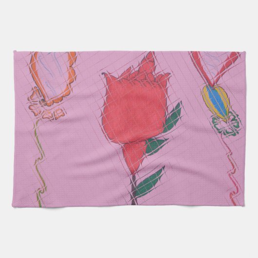 Rode roos op roze: Bloemen Border Art Print / Grap Theedoek (Horizontaal)