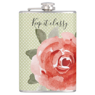 Rode Roos op Witte en Limoen Polka Dots Flask Heupfles
