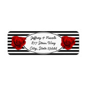 Rode Roos op Zwart & Wit Strepen Bruiloft Etiket (Voorkant)