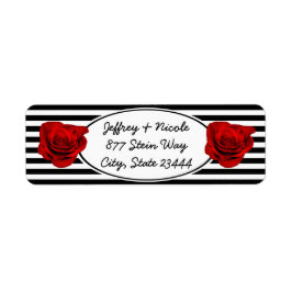 Rode Roos op Zwart & Wit Strepen Bruiloft Etiket
