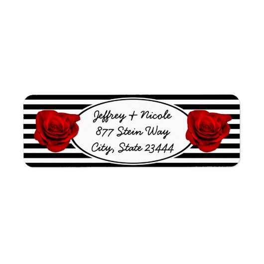 Rode Roos op Zwart & Wit Strepen Bruiloft Etiket (Voorkant)