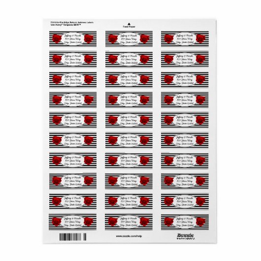 Rode Roos op Zwart & Wit Strepen Bruiloft Etiket (Full Sheet)