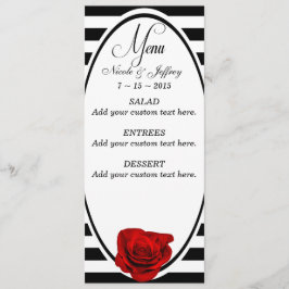 Rode Roos op Zwart & Wit Strepen Bruiloft Menu