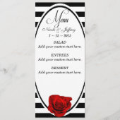 Rode Roos op Zwart & Wit Strepen Bruiloft Menu (Voorkant)