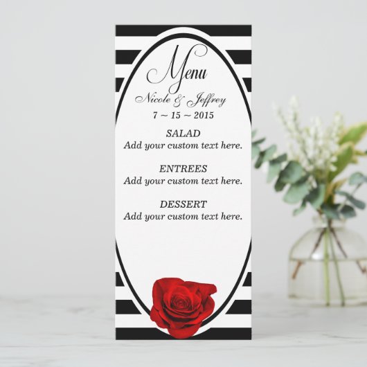 Rode Roos op Zwart & Wit Strepen Bruiloft Menu (Staand voorkant)