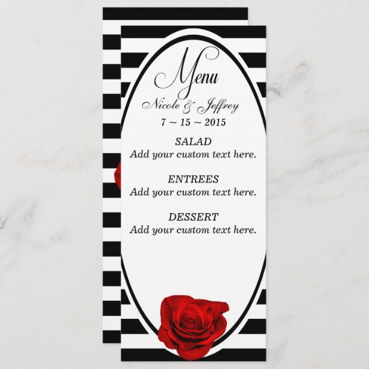 Rode Roos op Zwart & Wit Strepen Bruiloft Menu (Voorkant / Achterkant)