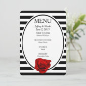 Rode Roos op Zwart & Wit Strepen Bruiloft Menu (Staand voorkant)