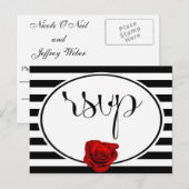 Rode Roos op Zwart Wit Strepen Bruiloft RSVP Kaart (Voorkant / Achterkant)