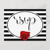 Rode Roos op Zwart Wit Strepen Bruiloft RSVP Kaart (Voorkant)