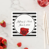 Rode Roos op Zwart & Wit Strepen Bruiloft Servetten (Insitu)