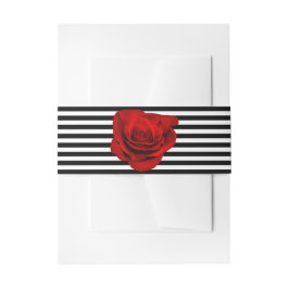 Rode Roos op Zwart & Wit Strepen Bruiloft Uitnodigingen Wikkel