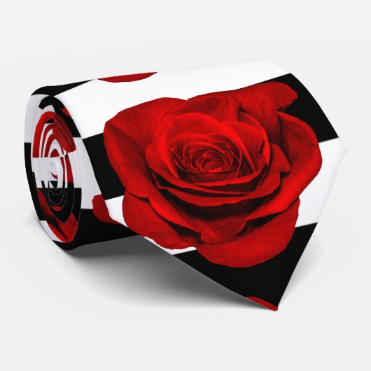 Rode Roos op Zwart & Wit Strepen Gepersonaliseerd  Stropdas (Opgerold)