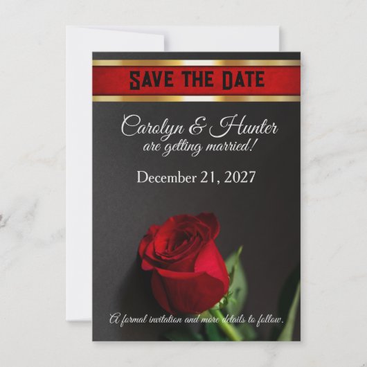Rode Roos op Zwarte Huwelijk Save The Date (Voorkant)